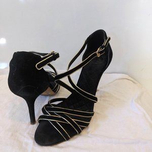 Tory Burch Breanna Black Gold Suede Strappy Heels